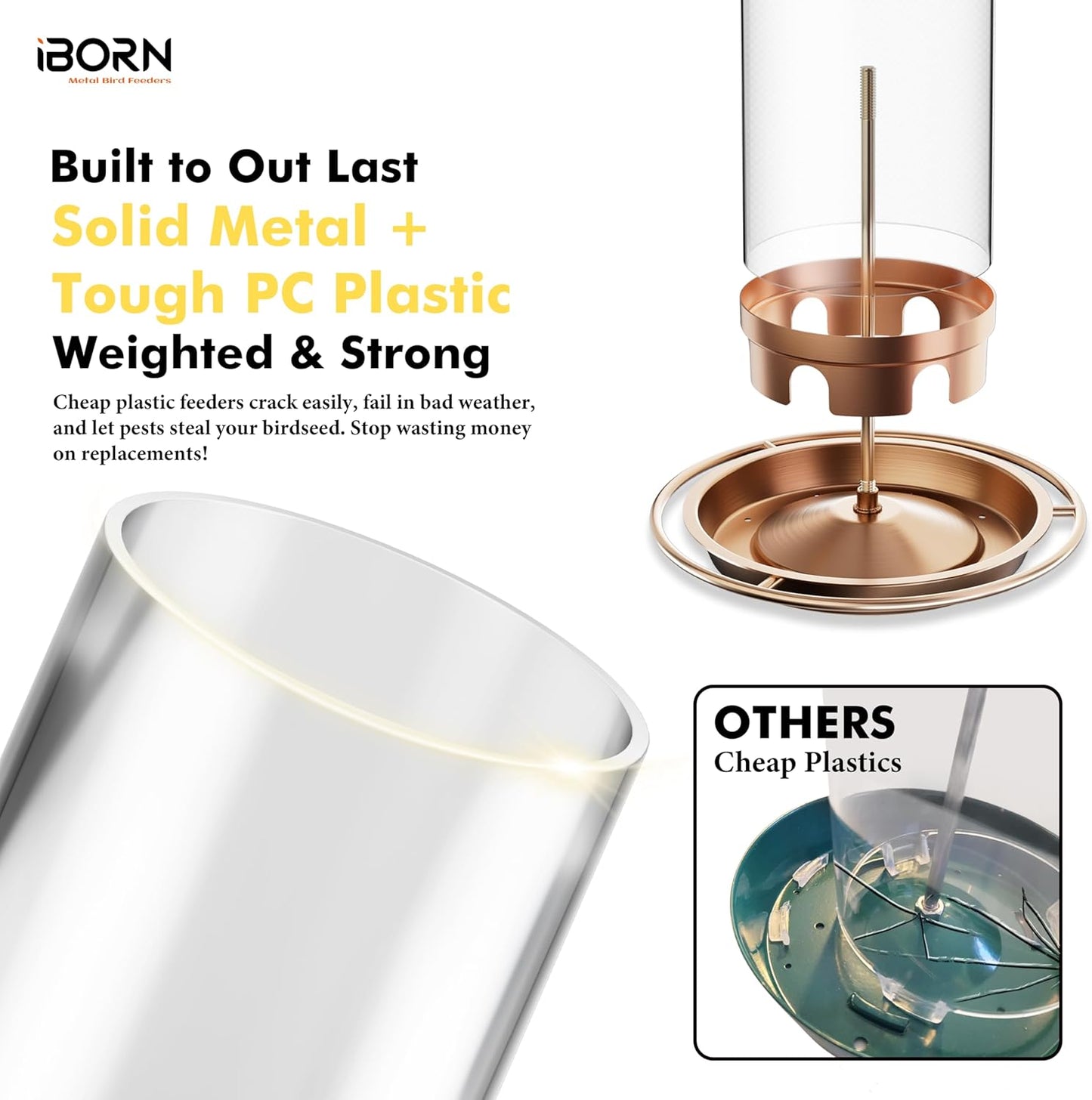 iBorn Bird Feeders for Outdoors Hanging,Metal Bird Feeders for Cardinal Chew Proof 18cm Large Roof&Tray Birdfeeders Outside Hanging,Brushed Copper 6 Port (Seed is not Included)