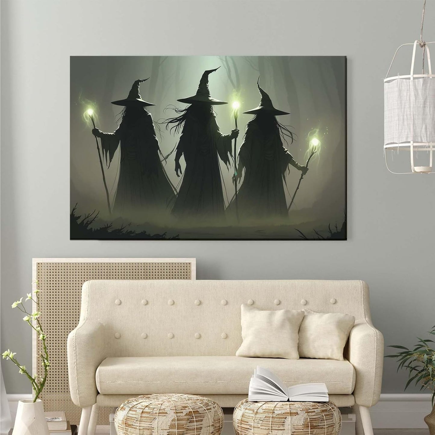 JFHCQJPK Vintage 3 witches canvas wall decor melancholy dark Halloween poster wall decor holding a staff print Gothic horror Halloween painting print for living room bedroom8x12in Frameless