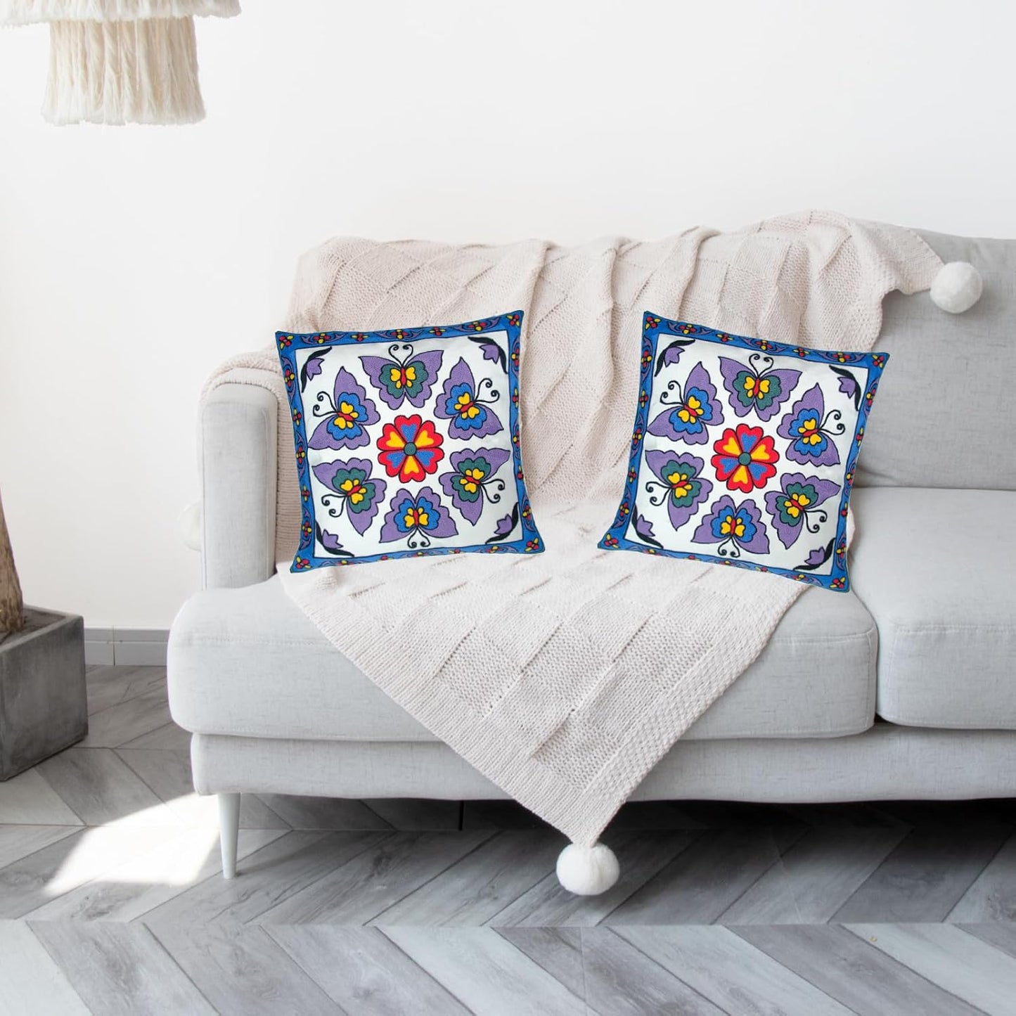 Embroidered Decorative Throw Pillow Cover, 18"x18" Set of 2, Farmhouse Pillowcase Purple Butterfly Knit Pattern Cotton Canvas Cushion Case Square Floral Pillow Case for Sofa Couch Bed Living Room