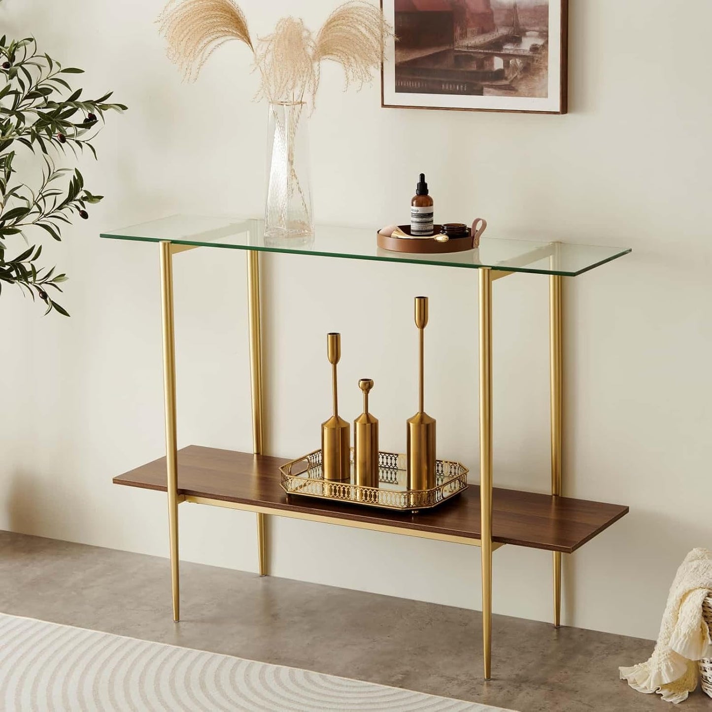 Glass Console Table for Living Room, Foyer & Entrance, 2-Tiers Mid-Century Modern Sofa Table with Clear Glass Top, Walnut Finish Wood Top and Gold Finish Metal Frame