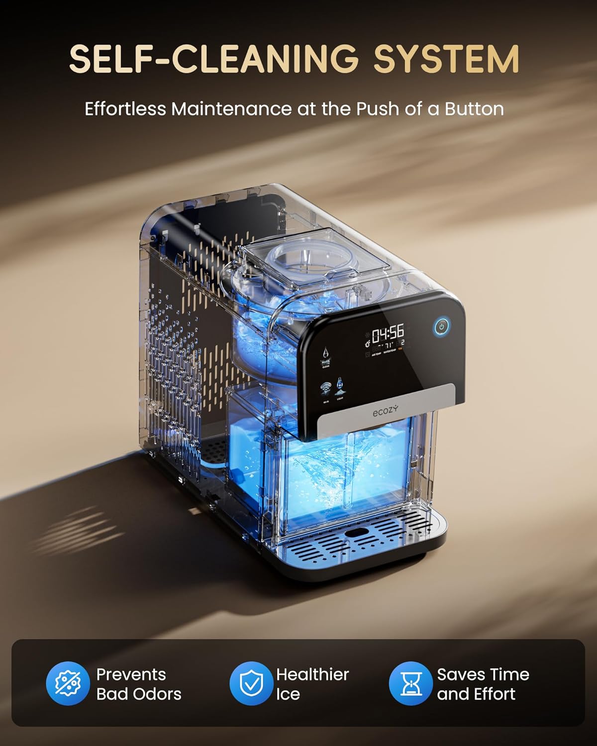 ecozy Nugget Ice Maker Dispenser, Smart 2-in-1 Pebble Ice Machine Countertop & Water Dispenser with App Control, Self-Cleaning, Auto Lighting, TDS Monitor, Measured Dispensing, 33Lbs/Day