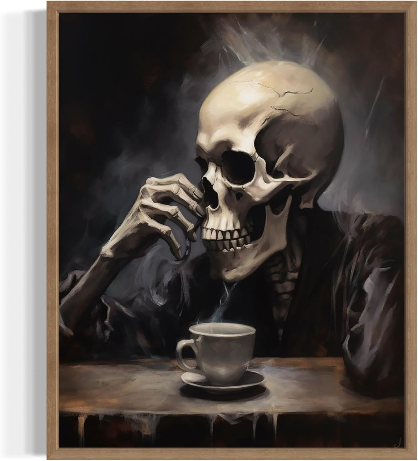 Skull Drinking Coffee Poster Art Print, Halloween Scary Vintage Wall Art Academia Spooky Painting Decoration for Horror Prints, Gothic Posters Bedroom Decor 89 (Skull Drinking Coffee, 8 x 10 inches, Wood Frame)
