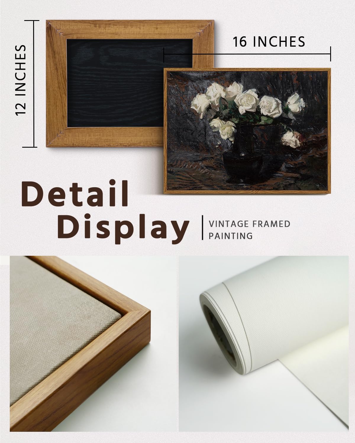 VIYYIEA Framed Canvas Wall Art Home Decor Vintage Botanical Prints White Roses in Vase Rustic Farmhouse Flower Wall Decor Mid Century Pictures Art Prints Floral Room Decor for Living Room 12x16in