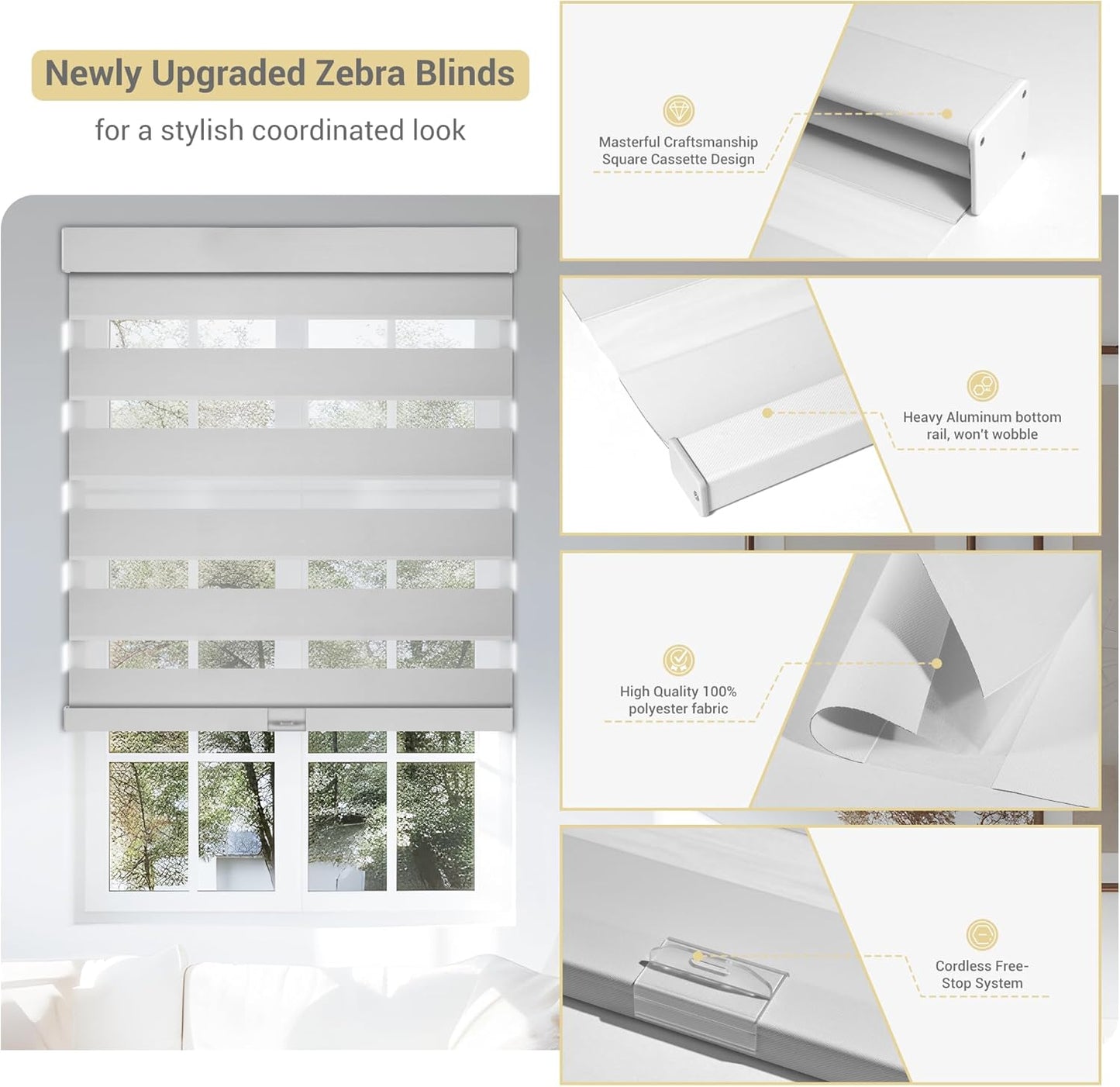 Cordless Zebra Blinds for Windows, Blackout Interior Blinds,Easy to Install,UV Protection,for Offices and Home,Custom Roller Shades, Solid White, 68" W x 56" H