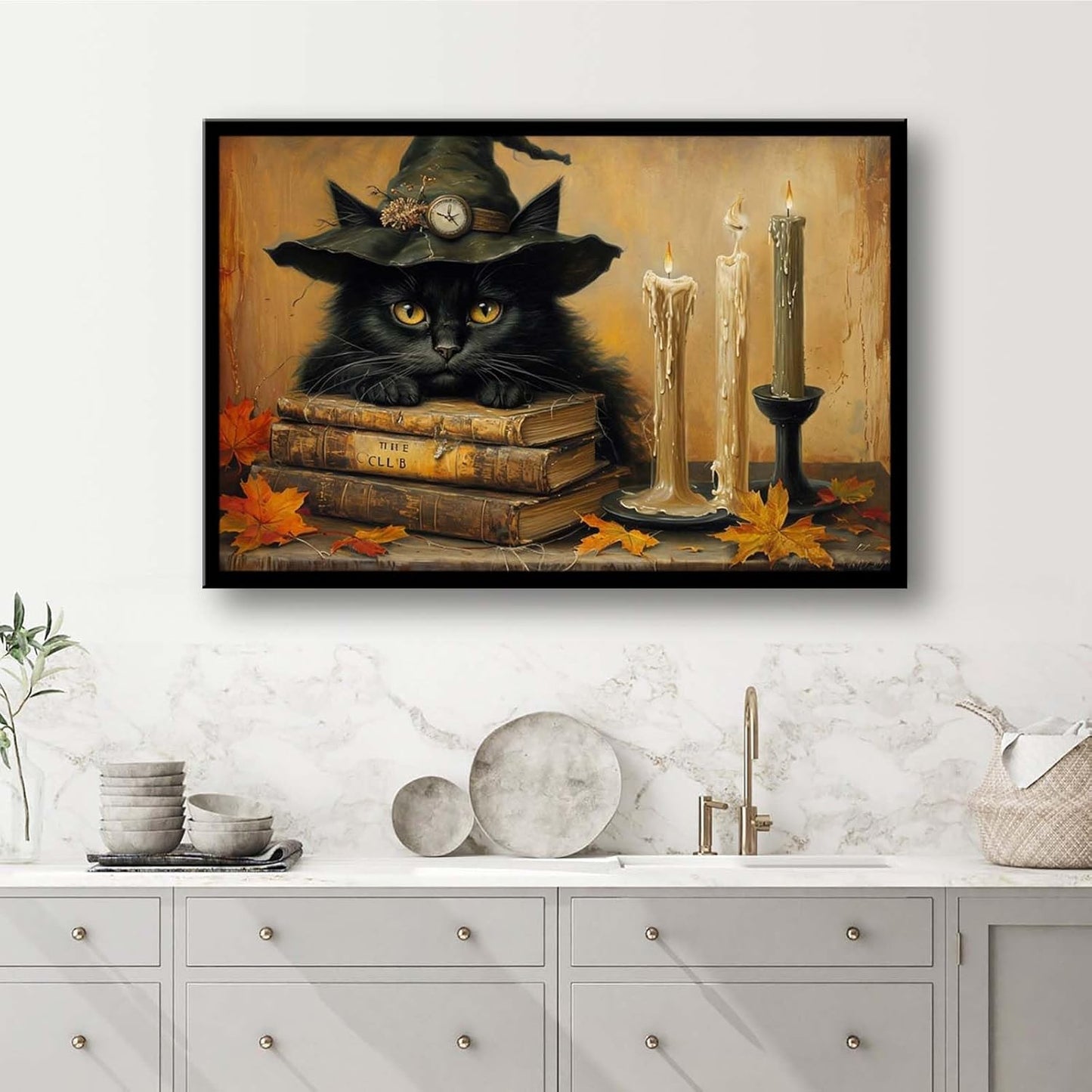 JFHCQJPK Vintage Halloween wall decoration black cat and magic book suitable for home bedroom living room decoration dark classic art witch wall decoration12x16in Metal blackFramed