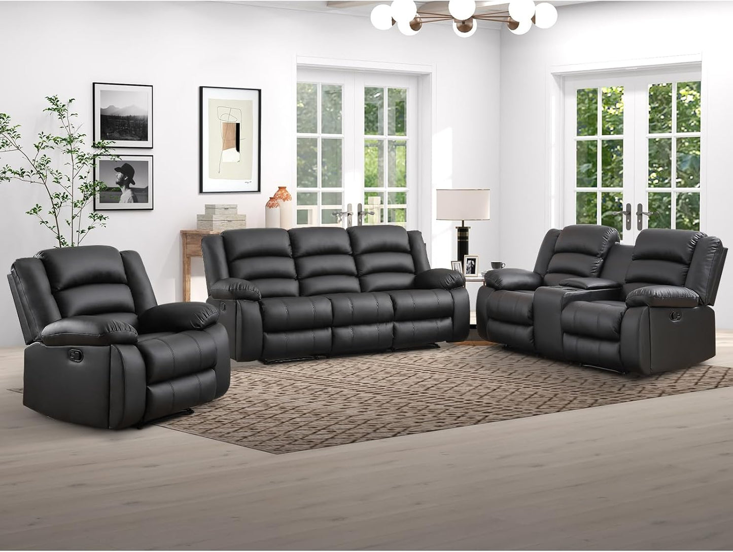 EBELLO Manual Faux Leather Recliner Sofa Set, Recliner Chair, Loveseat Reclining Sofa and 3 Seat Sofa, Couch Set for Living Room, Bedroom, Meeting Room, Black