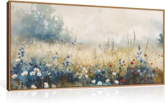 Nature Wildflower Framed Canvas Wall Art Set, Pastoral Landscape Wall Decor, Colorful Meadow Wall Painting, Rustic Floral Art Print for Living Room, Bedroom, Office - 20"X40"