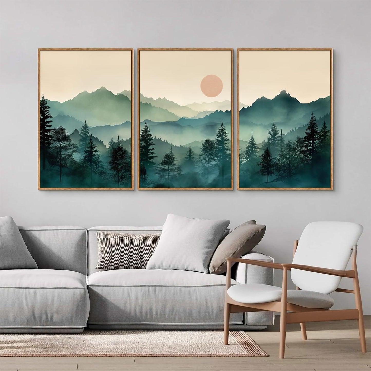 SIGNINART Large Boho Mountain Framed Canvas Wall Art Set, Nature Pine Tree Wall Painting, Abstract Foggy Forest Wall Decor, Modern Sunrise Art Prints for Bedroom Living Room and Office - 16"x24"x3