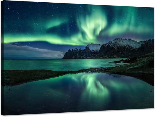 Aurora Borealis Wall Art Painting for Office Bedroom Scenery Landscape Canvas Print Framed Picture Northern Lights Poster Artwork Ready to Hang (28.00"x44.00")