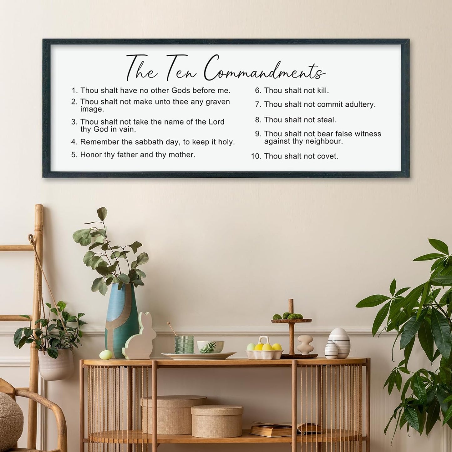 LuZhiQiang The Ten Bible Verse Wall Decor 40"×15" God Jesus Prayer for Christian Saying Catholic Scripture Sign Large Wood Framed Wall Hanging Art (Black)