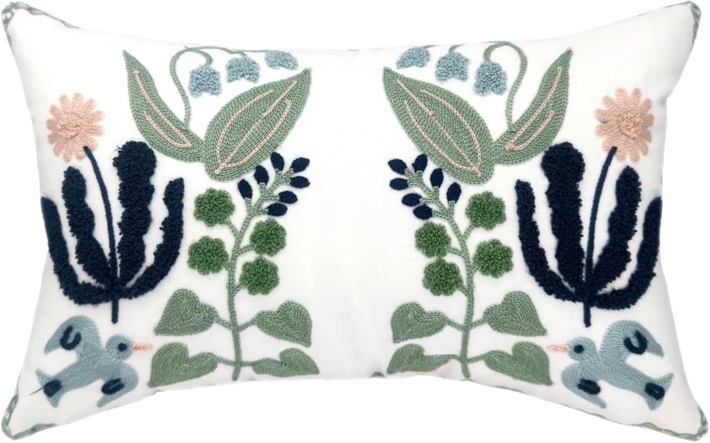 Alysheer Floral Embroidered Summer Lumbar Decorative Throw Pillow Cover 12"x 20", Farmhouse Cottage Navy Blue Green Flowers Leaves Patterned Cotton Canvas Cushion Case for Sofa Couch Bed Living Room