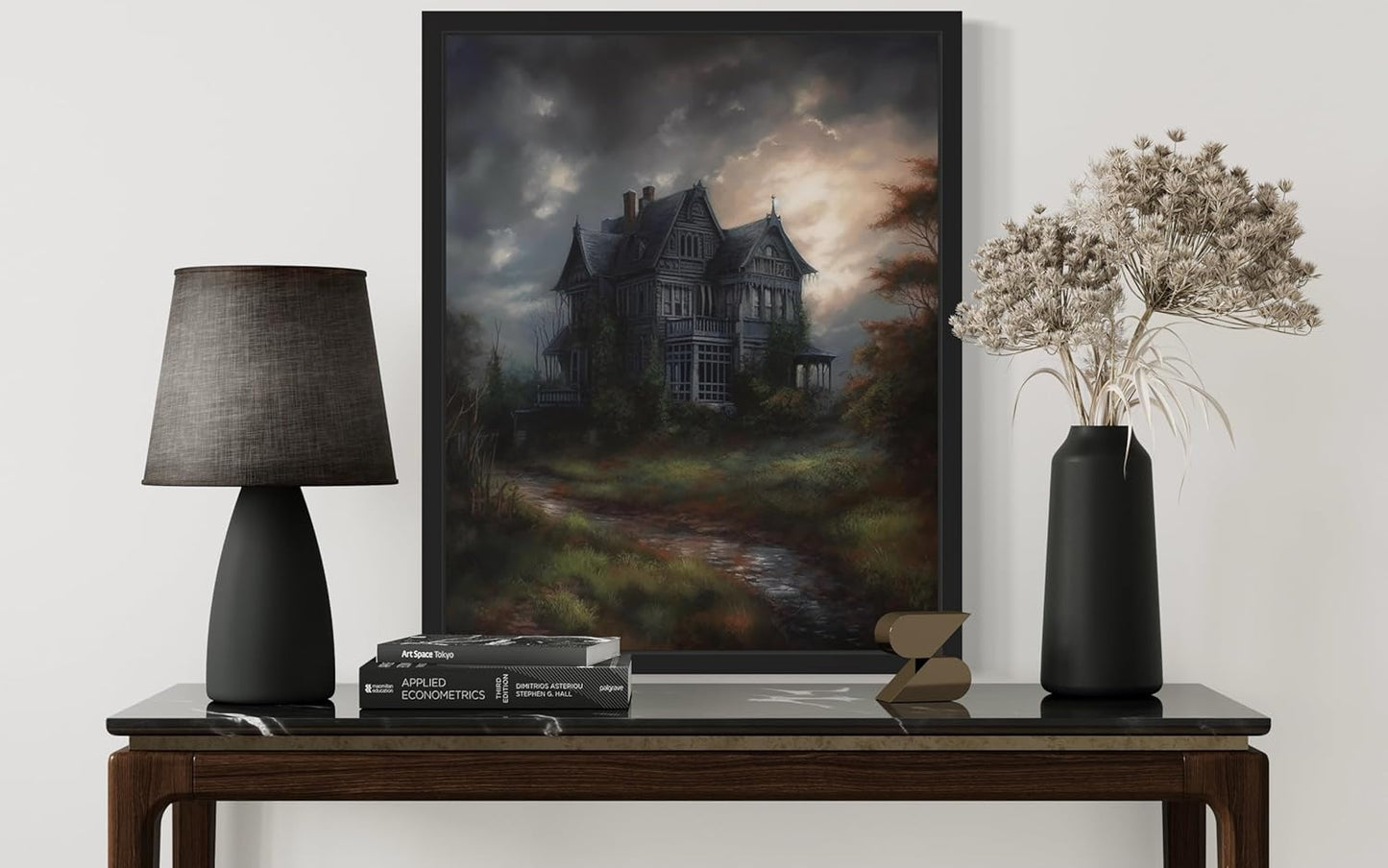 Haunted House Poster Art Print, Halloween Scary Vintage Wall Art Academia Spooky Painting Decoration for Horror Prints, Gothic Posters Bedroom Decor 89 (Haunted House, 16 x 20 inches, Black Frame)