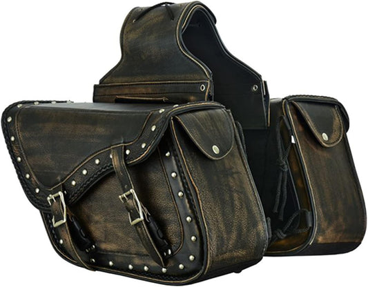 Dream Apparel Naked Cowhide Leather Motorcycle Saddle Bags Studded Throw Over Saddlebags, Motorcycle Side Bags for Honda Shadow Sportster Softail Dyna V-star (Distressed Brown, With Studs)