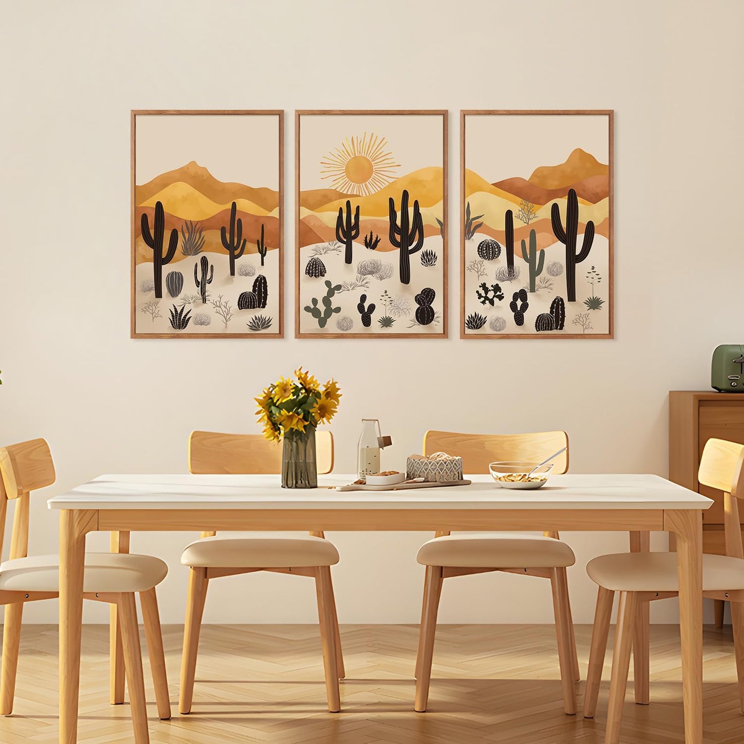 KAIRNE Cactus Canvas Wall Art,Desert Landscape Paintings,Aesthetic Abstract Prints Set of 3(16”X24”),Minimalist Farmhouse Wall Decor,Abstract Boho Artwork for Living Room Bedroom Office Decoration