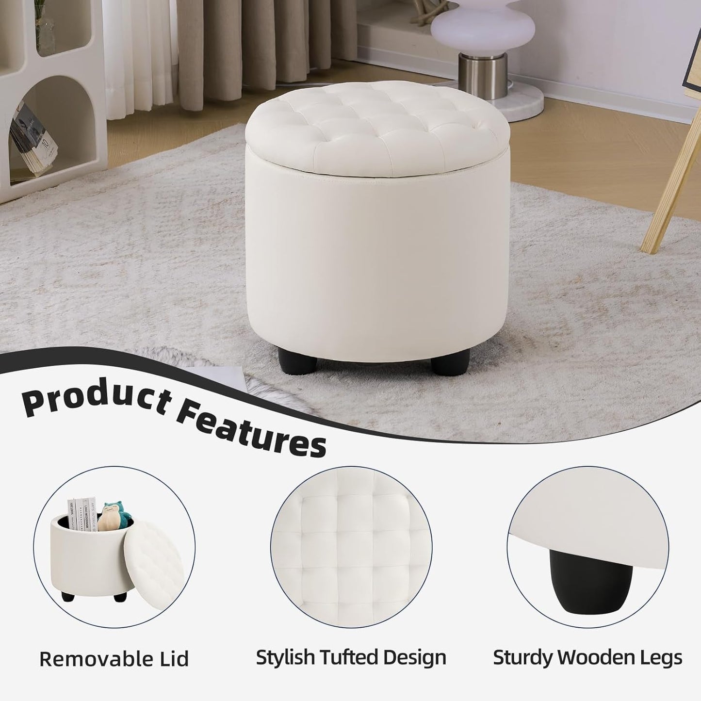 Furniliving Upholstered Button Tufted Round Ottoman, PU Storage Ottoman Round, Removable Lid Convenient Footstools, Classic Ottoman with Storage for Vanity, Nursery Room，IvoryWhite