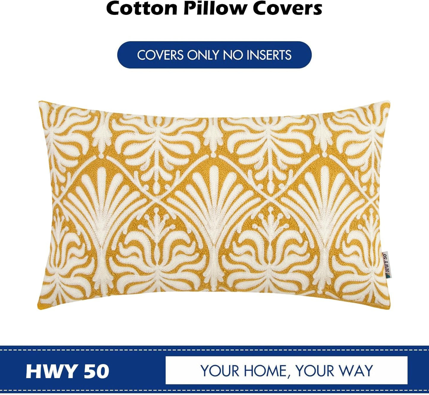 HWY 50 Mustard Yellow Decorative Lumbar Pillow Cover Rectangle 12x20 Inch (1 Piece), Embroidered Cotton Farmhouse Cushion Cover Pillow Case for Sofa Couch Living Room Bed, Minimalist Floral