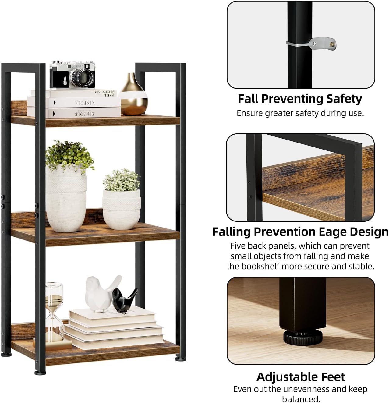 NUMENN Narrow Bookshelf, 3 Tier Bookshelves, Home Office Bookcase Shelf Storage Organizer, Free Standing Storage Shelving Unit for Bedroom, Living Room and Home Office, Vintage