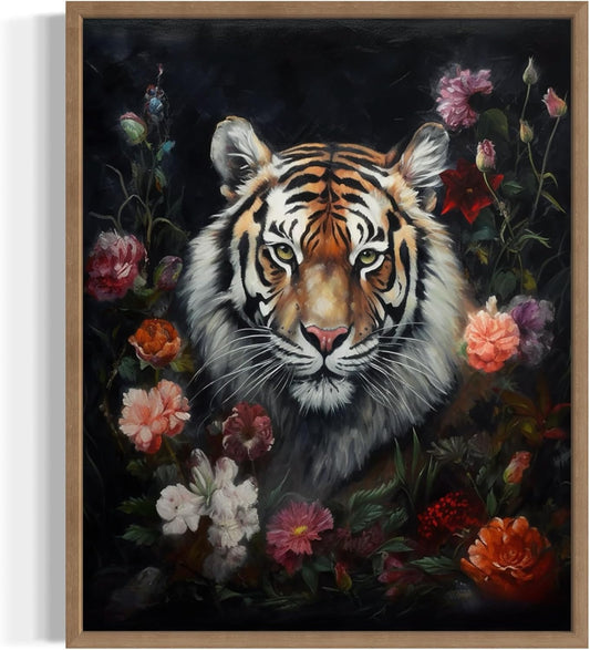 Tiger and Flower Poster Art Print, Halloween Scary Vintage Wall Art Academia Spooky Painting Decoration for Horror Prints, Gothic Posters Bedroom Decor 89 (Tiger and Flower, 16 x 20 inches, Wood Frame)