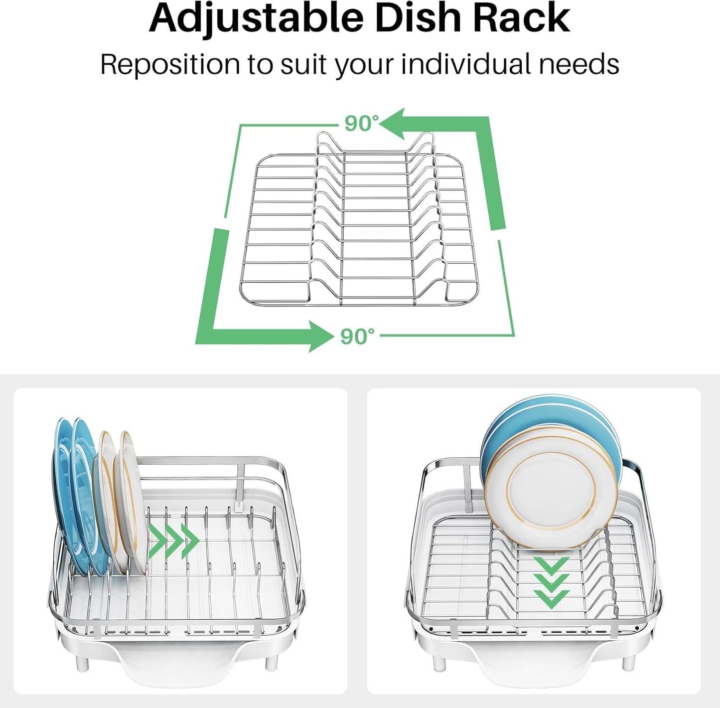 Dish Drying Rack, Expandable Dish Rack for Kitchen Counter, Stainless Steel Dish Drainer with Drainboard Set and Utensil Holder (White)