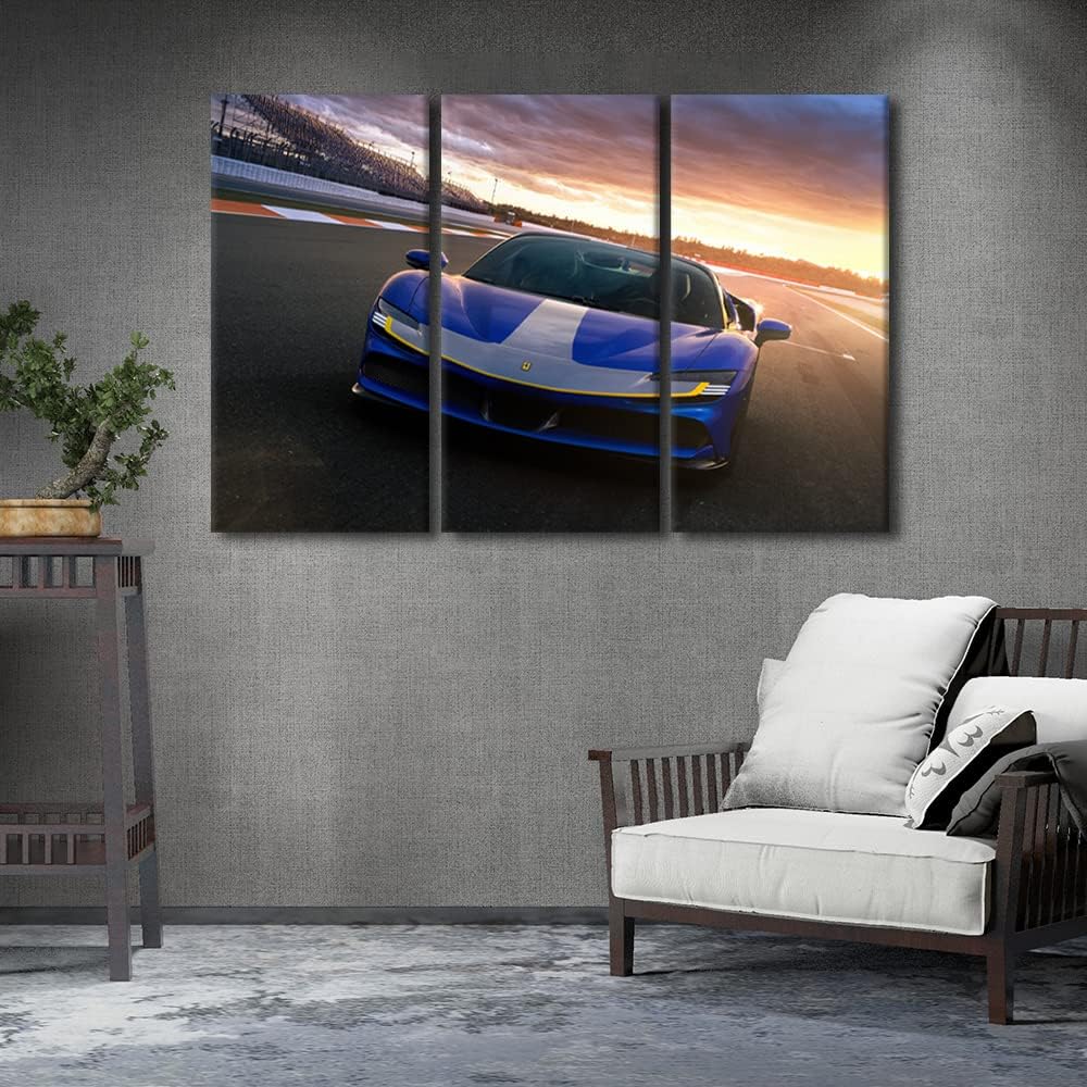 TUMOVO Wall Art for Living Room Blue Sports Car Bedroom Wall Decor Supercar on the Runway Wall Paintings for Office Speed Car Print On Canvas Modern Artwork Stretched Framed Ready to Hang, 42" Wx28 H