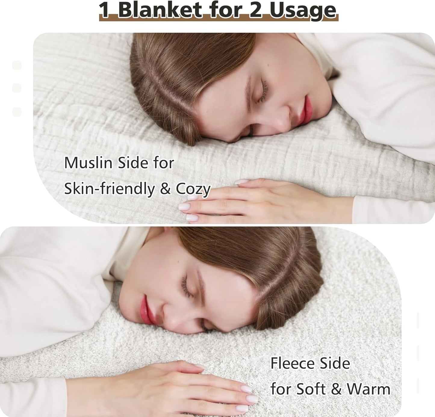 EMME White Throw Blanket Muslin and Fleece Blanket for Women Reversible - 50"*60" Soft & Cozy Warm Lightweight Small Blankets for Couch Bed Picnic Travel Bed