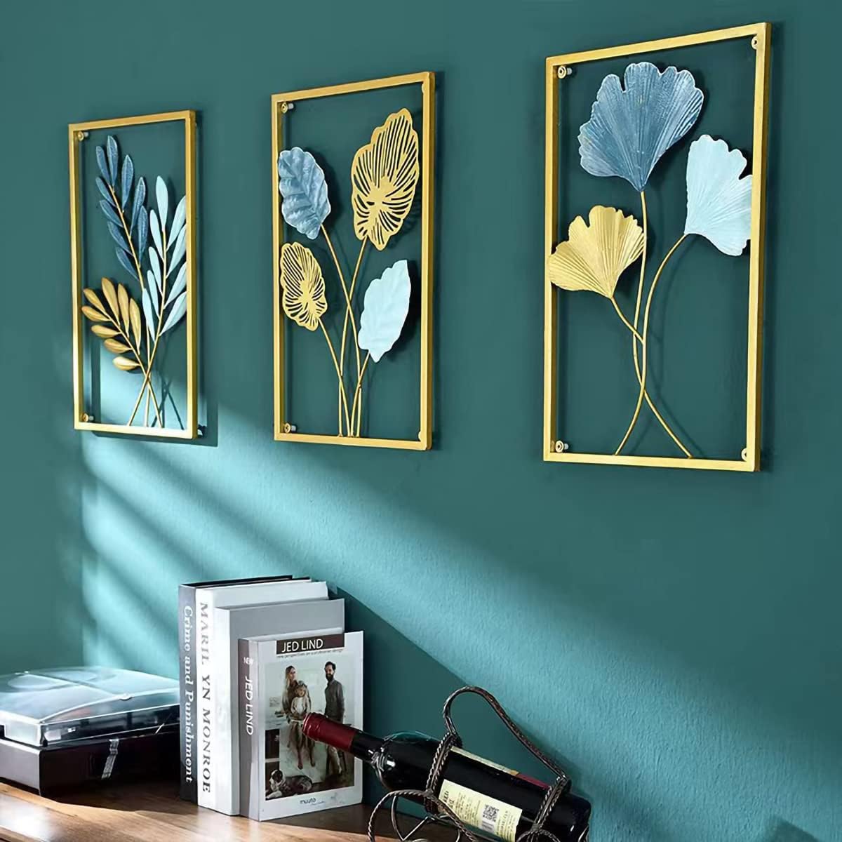 MKUN Iron Wall Sculptures - Large Set of 3 rectanglar Metal Wall Decor with Ginkgo Biloba Art Great for Home Hotel Decoration (Gold Blue)