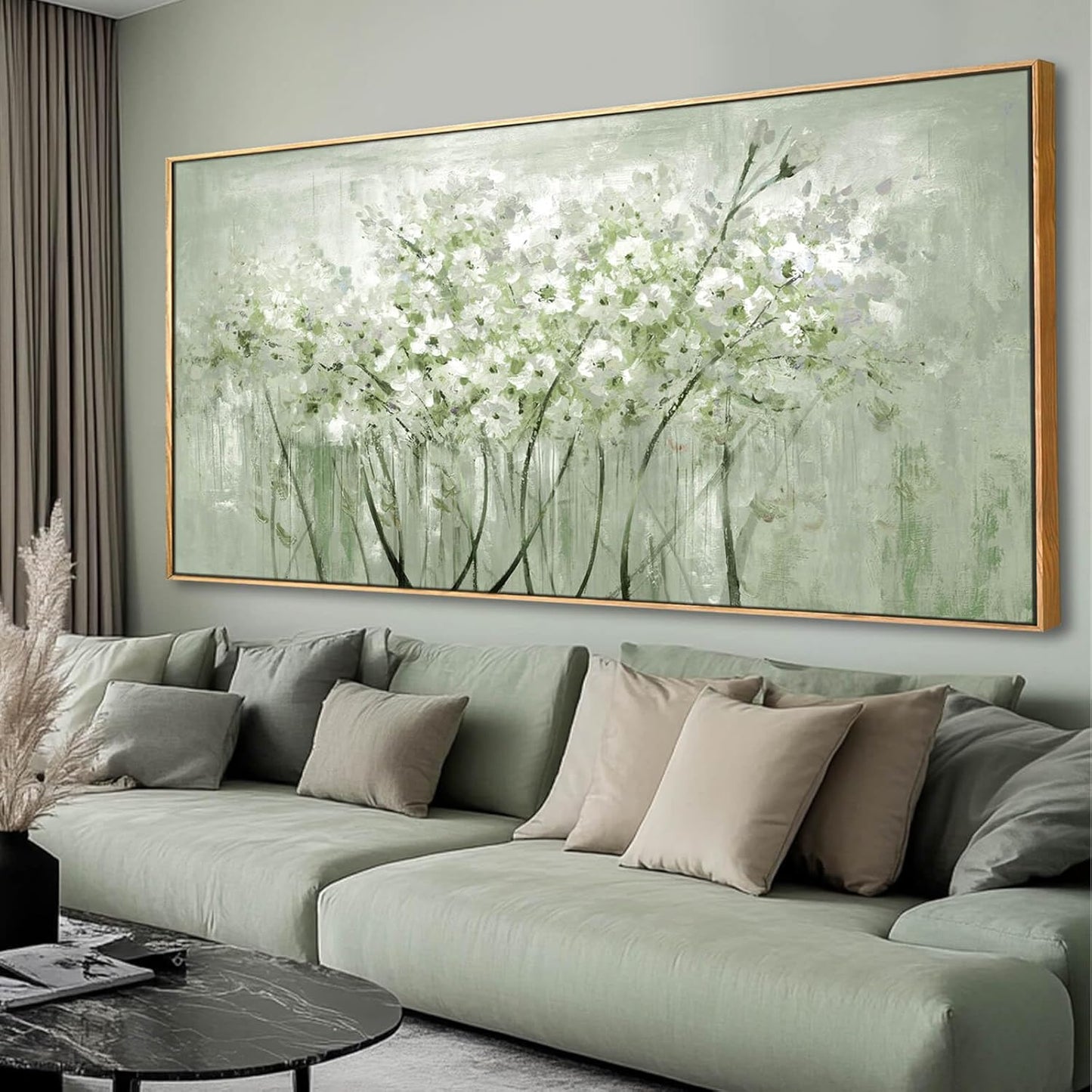 Framed Green Flower botanical Canvas Wall Art 29"x58" Modern Botanical Poster Artwork for Bedroom Living Room Office Kitchen Decor