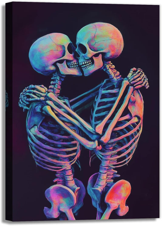 Skeleton Wall Art Kissing Skull Art Poster Skeleton Lover Picture Print On Canvas Abstract Horrible Theme Painting Framed Artwork Living Room Decor(Artwork-3,28"x42")