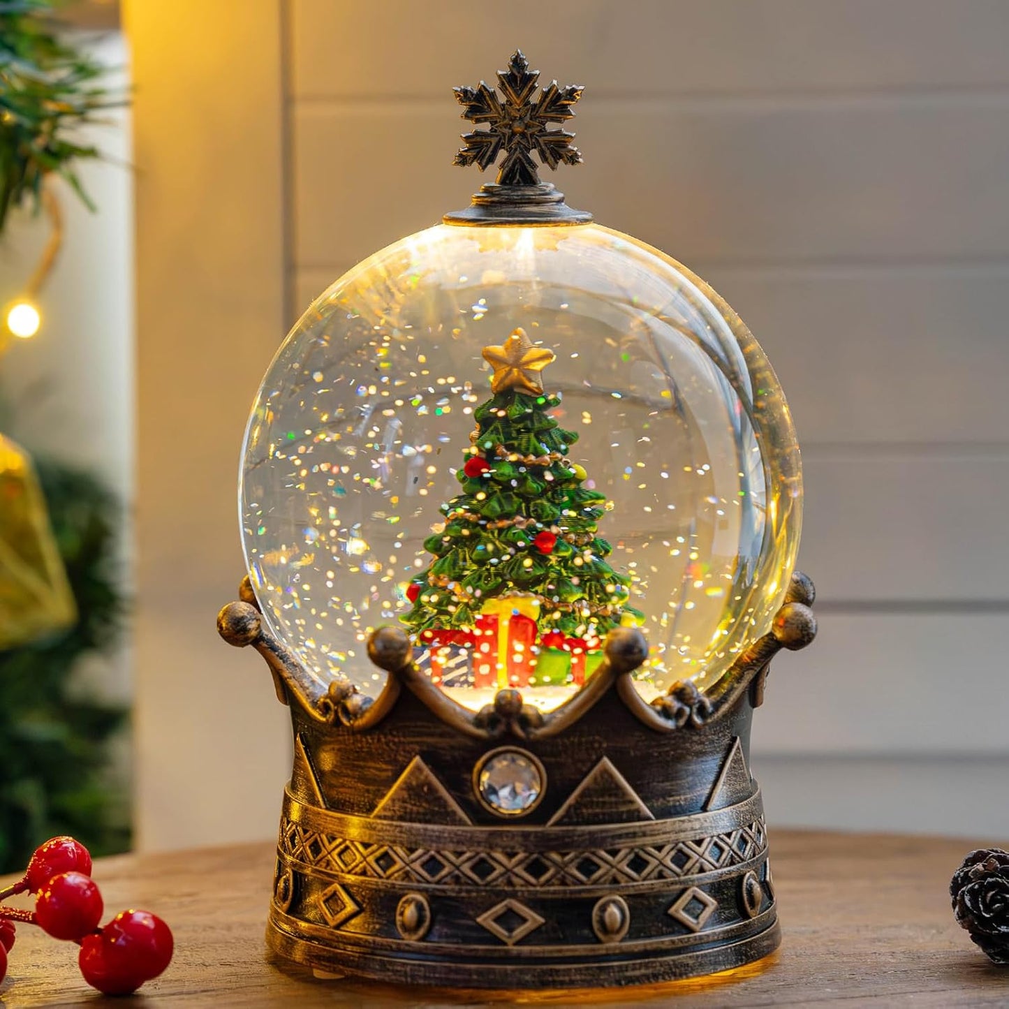 Christmas Snow Globe Lantern Water Glittering Christmas Tree Crown with Music, USB Lined/Battery Operated Lighted Lantern for Christmas Festival Decoration Gifts