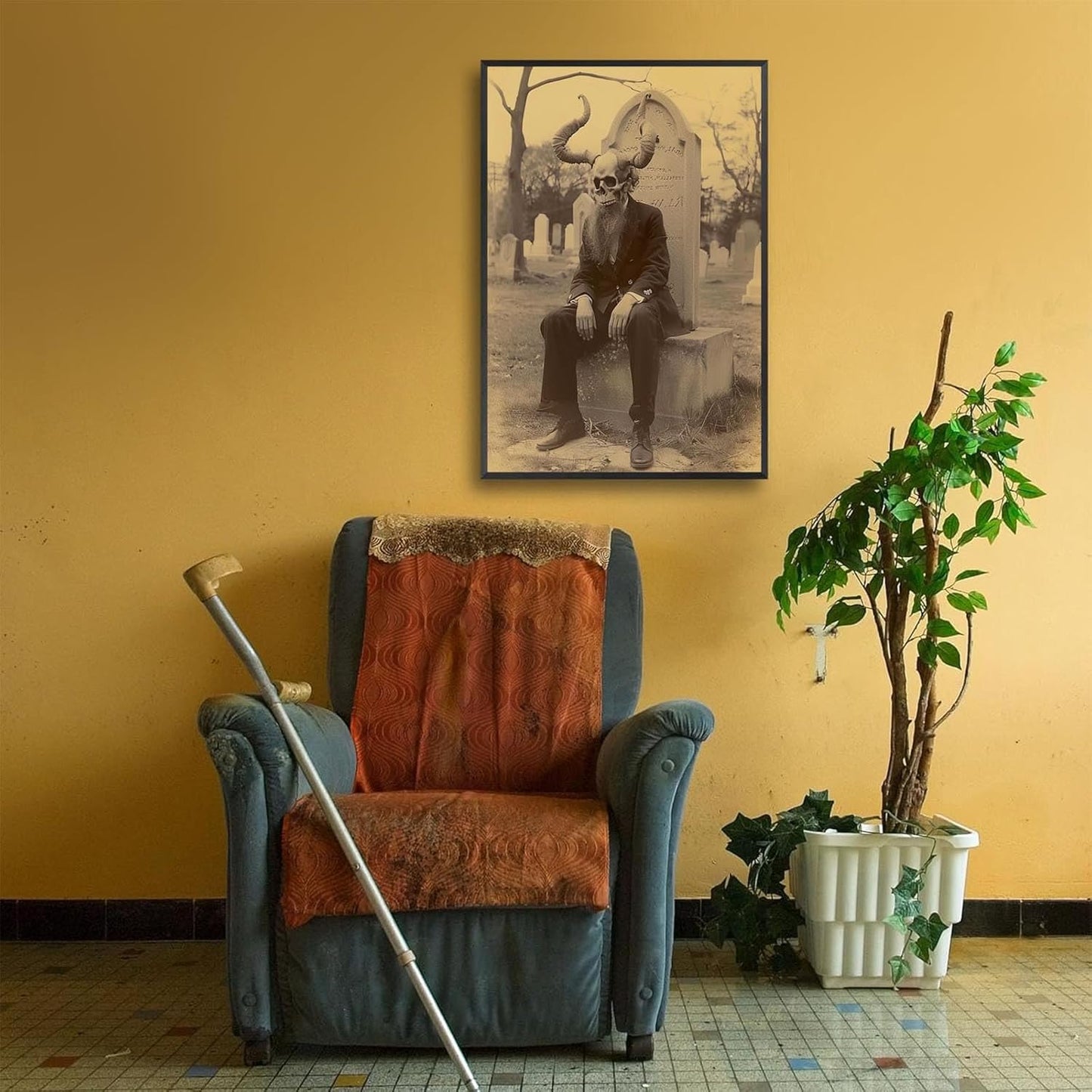 Skeleton Halloween Forest Occult Poster Vintage Spooky Canvas Wall Art Gothic Room Decor Dark Academia Bedroom Decorations Creepy Skull Prints Picture Aesthetic 16X24inch Aluminum Framed