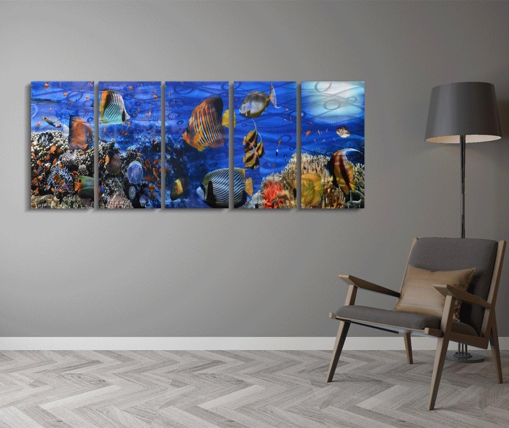 Yihui Arts Handcrafted Colorful Fish Metal Wall Art, Large Metal Wall Art in Modern Ocean Design, 3D Wall Art for Modern and Contemporary Decor, 5-Panels, Metal Wall Decor Works