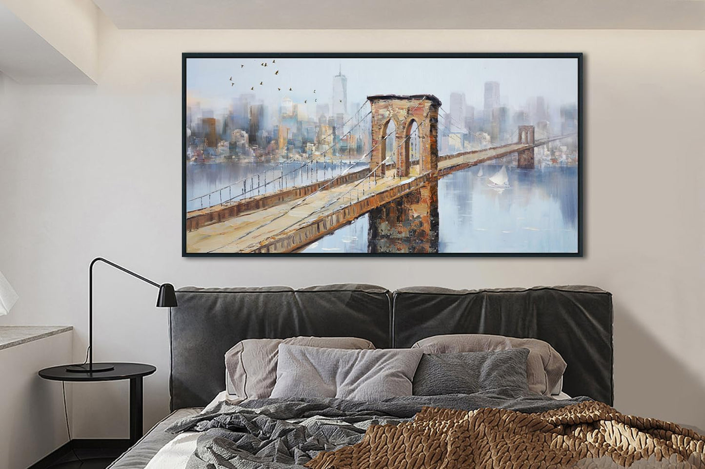 Arjun Brooklyn Bridge Canvas Wall Art Abstract Skyline New York City Painting Modern NY Cityscape Picture Textured Artwork for Bedroom Living Room Bathroom Home Office Wall Decor Framed Large 48"x24"