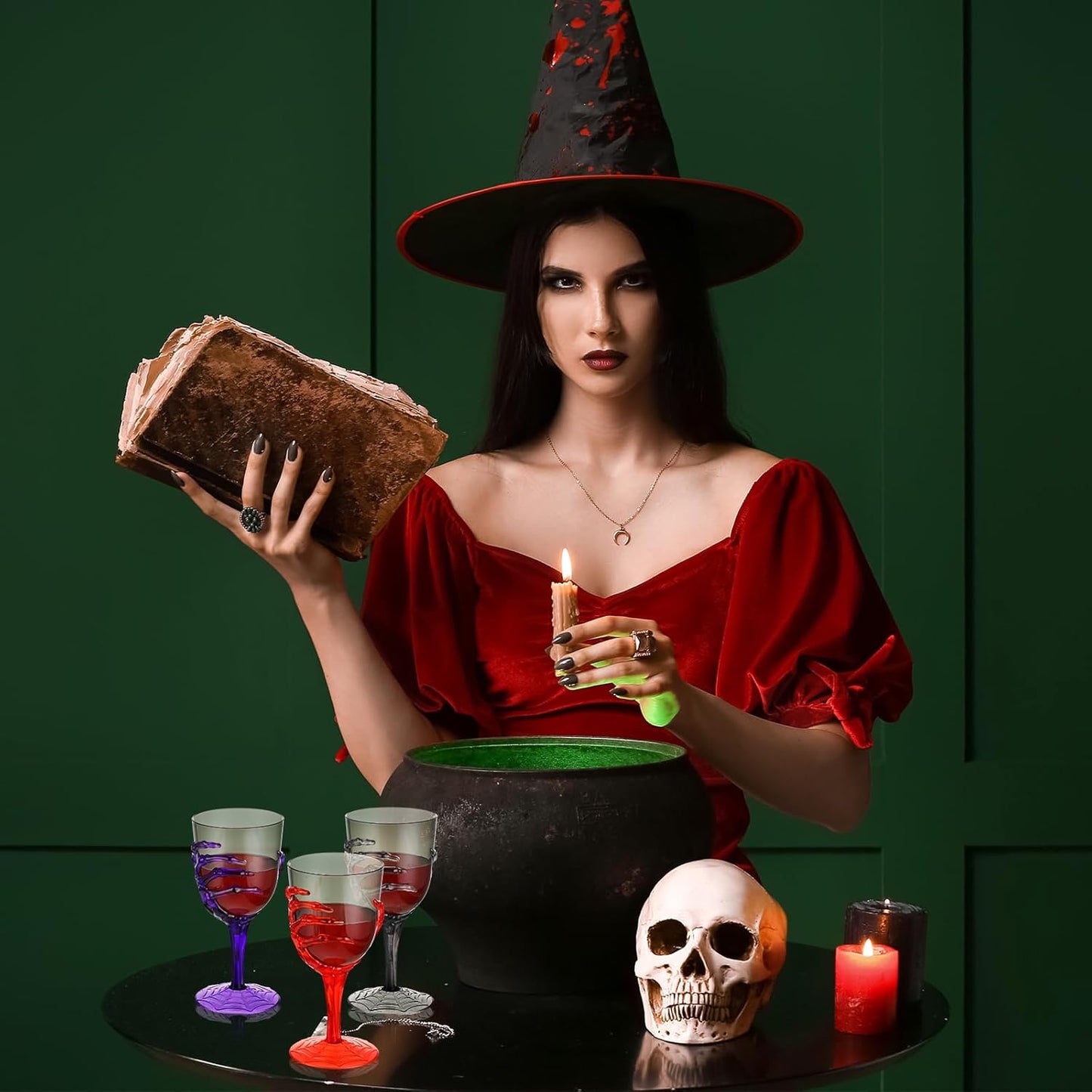 Dandat 24 Pcs Halloween Skeleton Hand Goblets 12oz Clear Plastic Halloween Cups Skull Wine Glass Set for Creepy Spooky Party Decorations(Black, Purple, Orange, Gray)