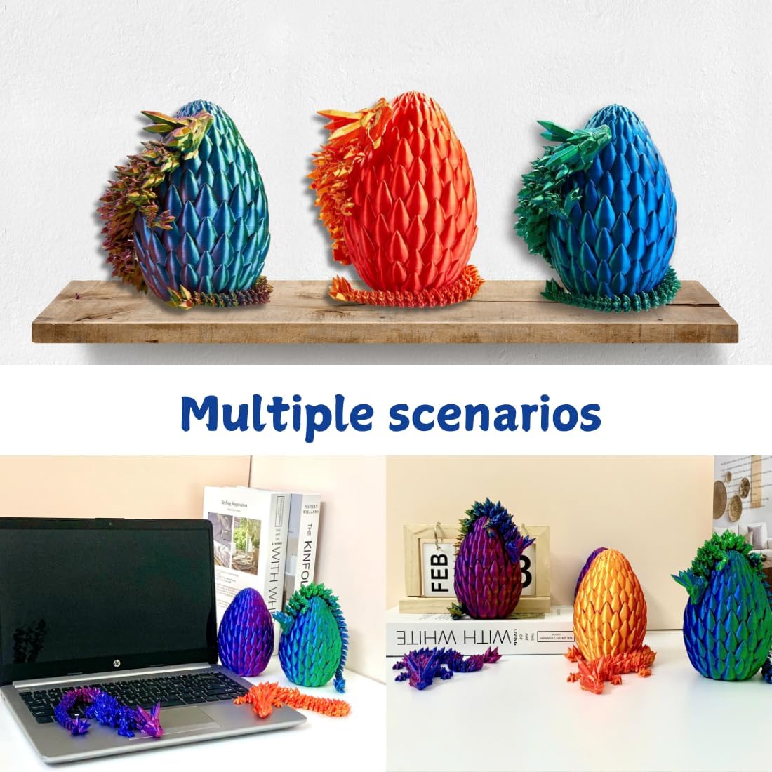 3PCS 3D Printed 12” Articulated Crystal Dragon Inside 5.1” Egg – Fantasy Collectible, Fidget Toy & Stocking Easter Basket Stuffers for Home & Office Decor (3PCS-Egg)