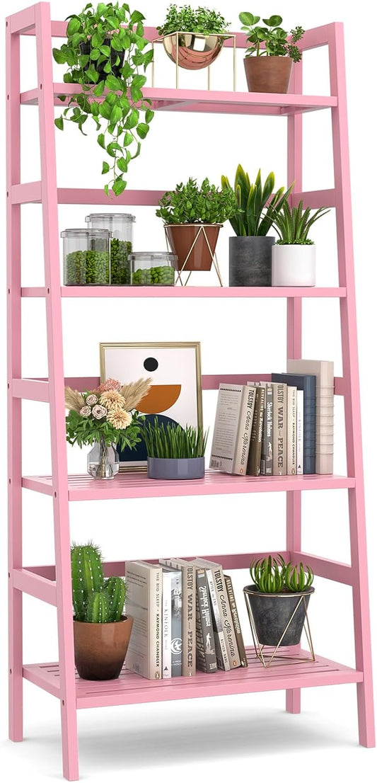 Homykic Bamboo Ladder Bookshelf, 4-Tier Ladder Shelf Open Book Shelf Freestanding Bookcase Bathroom Storage Rack Plant Stand for Living Room, Bedroom, Office, Easy Assembly, Pink