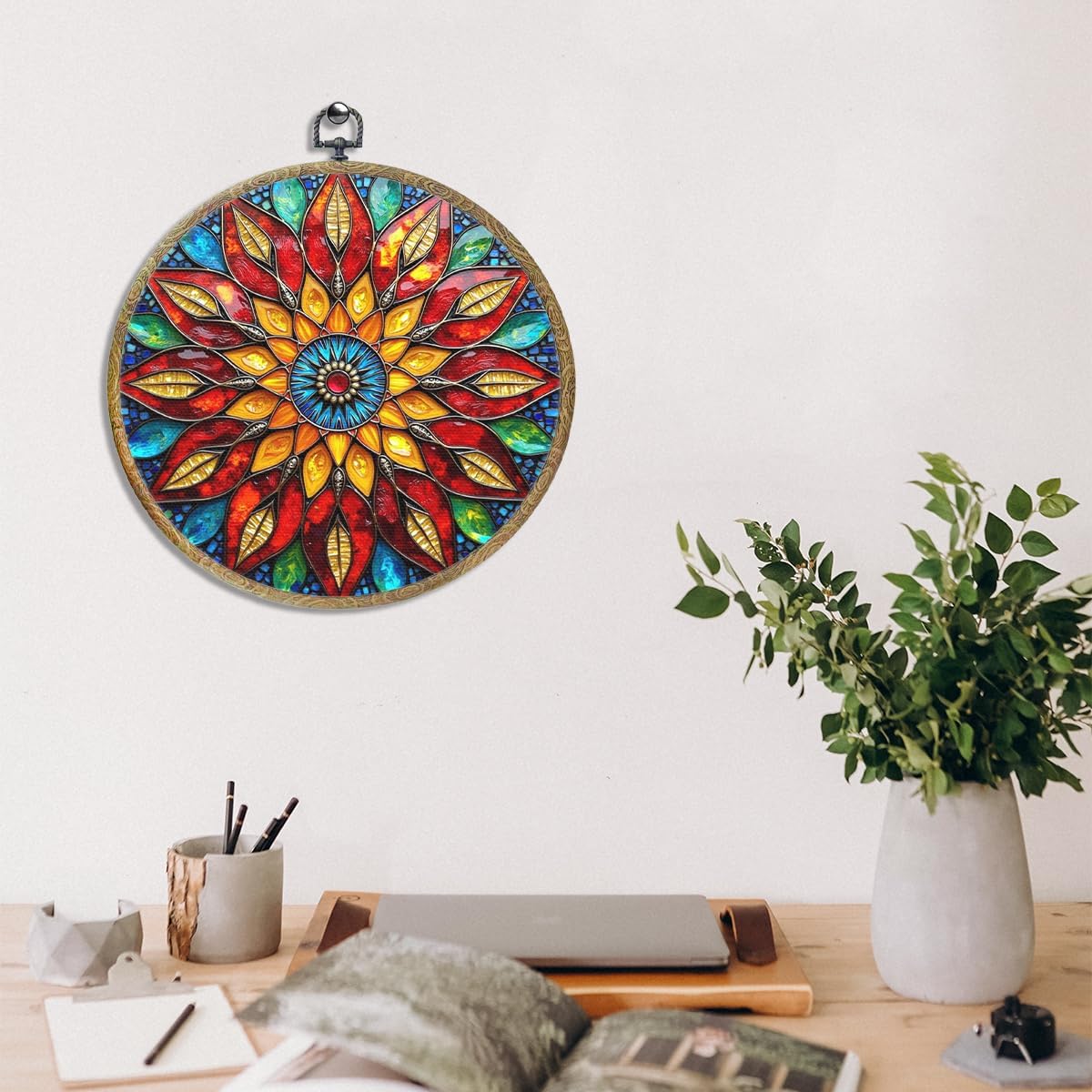 Colorful Geometric Mandala Framed Round Wall Decor Canvas Wall Art Hanging Prints Artwork for Home Office Kitchen Nursery Bedroom Living Room Porch Garden Birthday Decorations 10.2X10.2 Inch