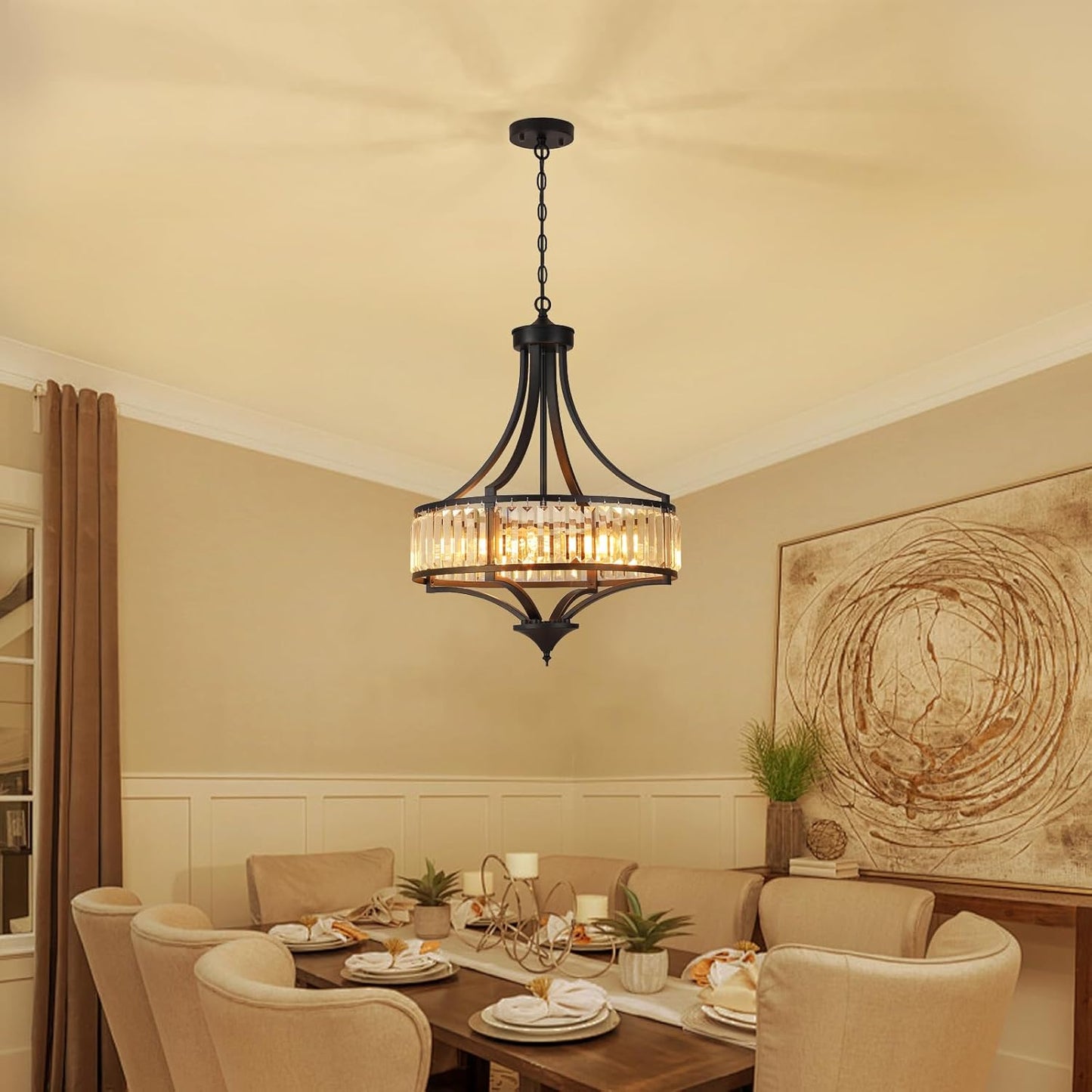 Modern Black Crystal Chandelier, 20 Inch Large Ceiling Pendant Light Fixture with 50'' Adjustable Hanging Chain, 5-Light Farmhouse Chandelier for Dining Room, Living Room, Bedroom, Entryway