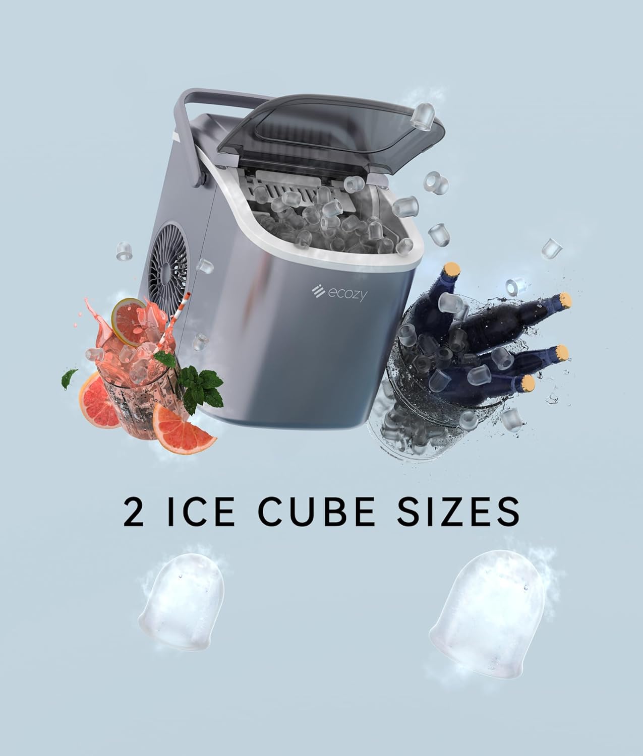 ecozy Portable Ice Maker Countertop, 9 Cubes Ready in 6 Mins, 26lbs in 24Hrs, Self-Cleaning Ice Machine with Handle/Ice Bags/Ice Scoop/Ice Basket, 2 Sizes Bullet Ice for Home Kitchen Office Bar Party
