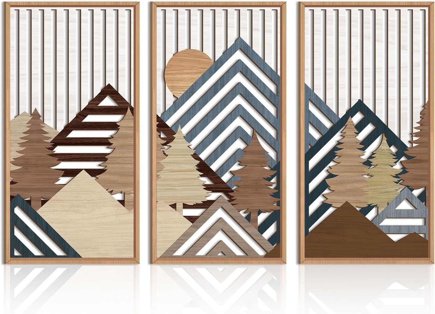 IARTTOP Large Mountain Wood Wall Art 16"x32"x3 Abstract Forest Wall Sculpture Geometric Boho Sunset Wilderness Artwork for Bedroom Living Room Office