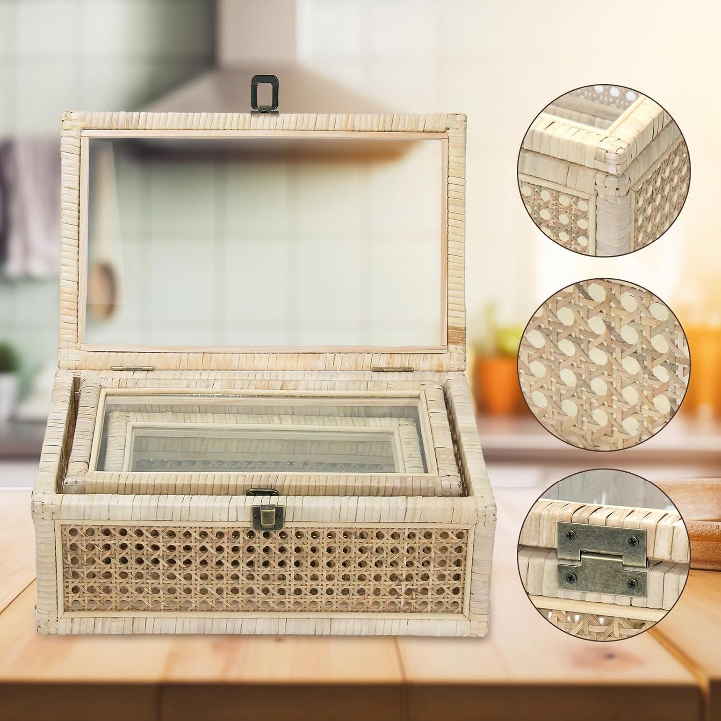 Rattan Decorative Boxes with Glass Lids, Set of 3 Sizes Boho Natural Hand-woven Cane Home Decor Organizers Storage Bins, Display Boxes Natural Finish