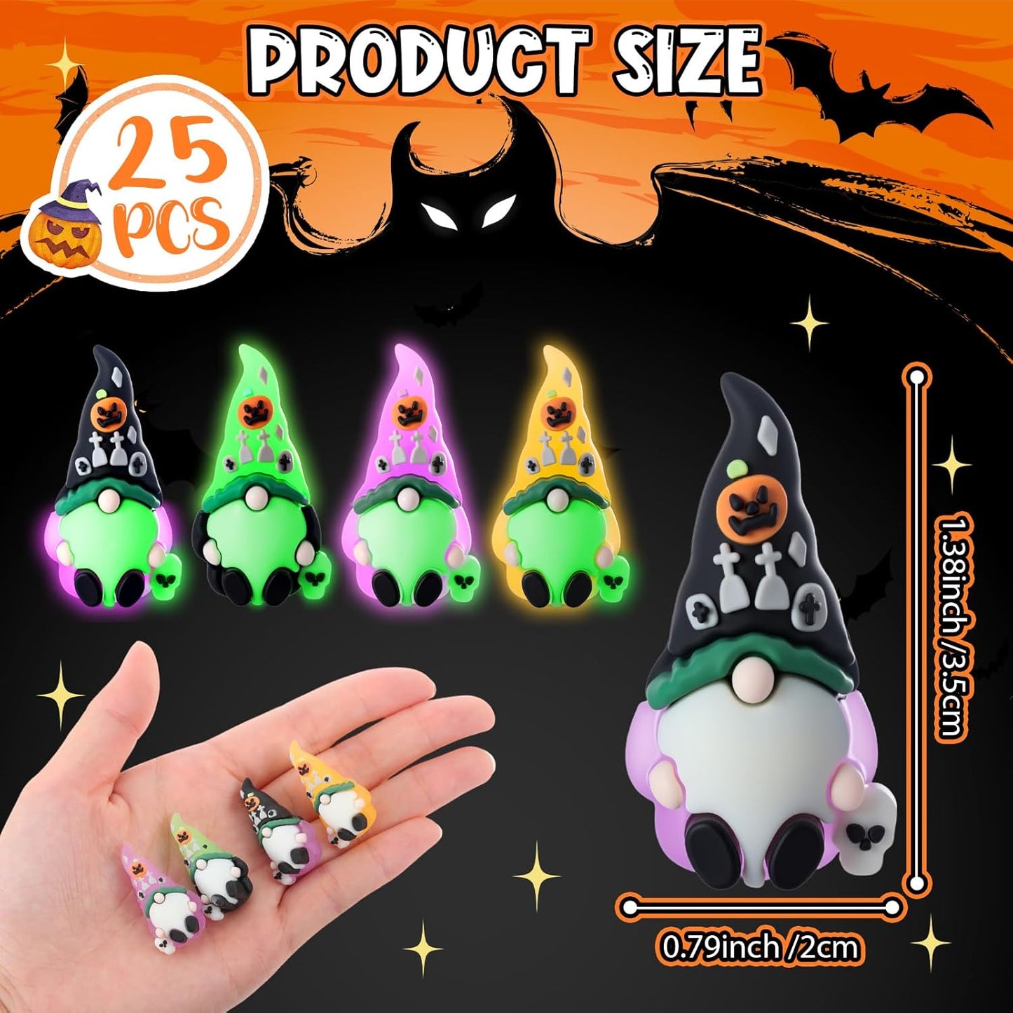 Wesiti 25 Pcs Luminous Halloween Mini Gnomes Figurines Bulk Glow in Dark Miniature Ornaments Hide and Seek Tiny Gnomes Figures Statue Halloween Party Favor Bag Fillers Garden Dollhouse Decor Gifts