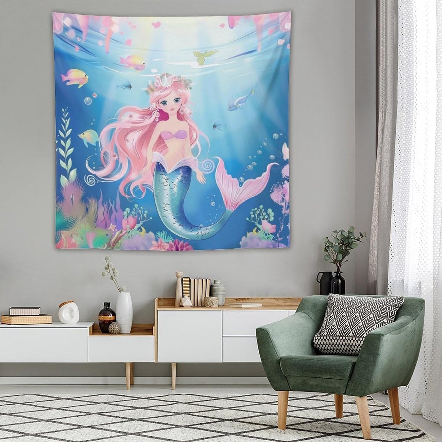 HZOHNAGO Mermaid Girls Tapestry Watercolor Mermaid Princess Pattern Printed Wall Tapestry Wall Hanging for Bedroom Living Room Dorm 60" W x 60" H