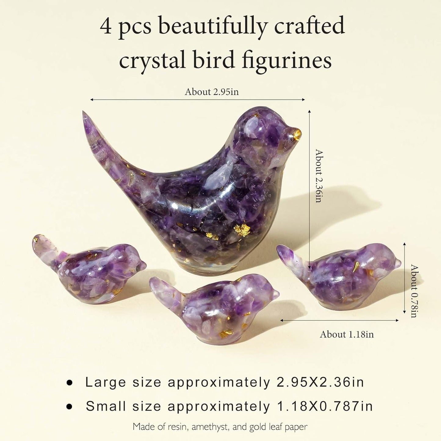 Crystal Bird Figurines, Resin Animal Statues, Miniature Decorative Gravel Birds, Home Decor (4PCS-Amethyst)