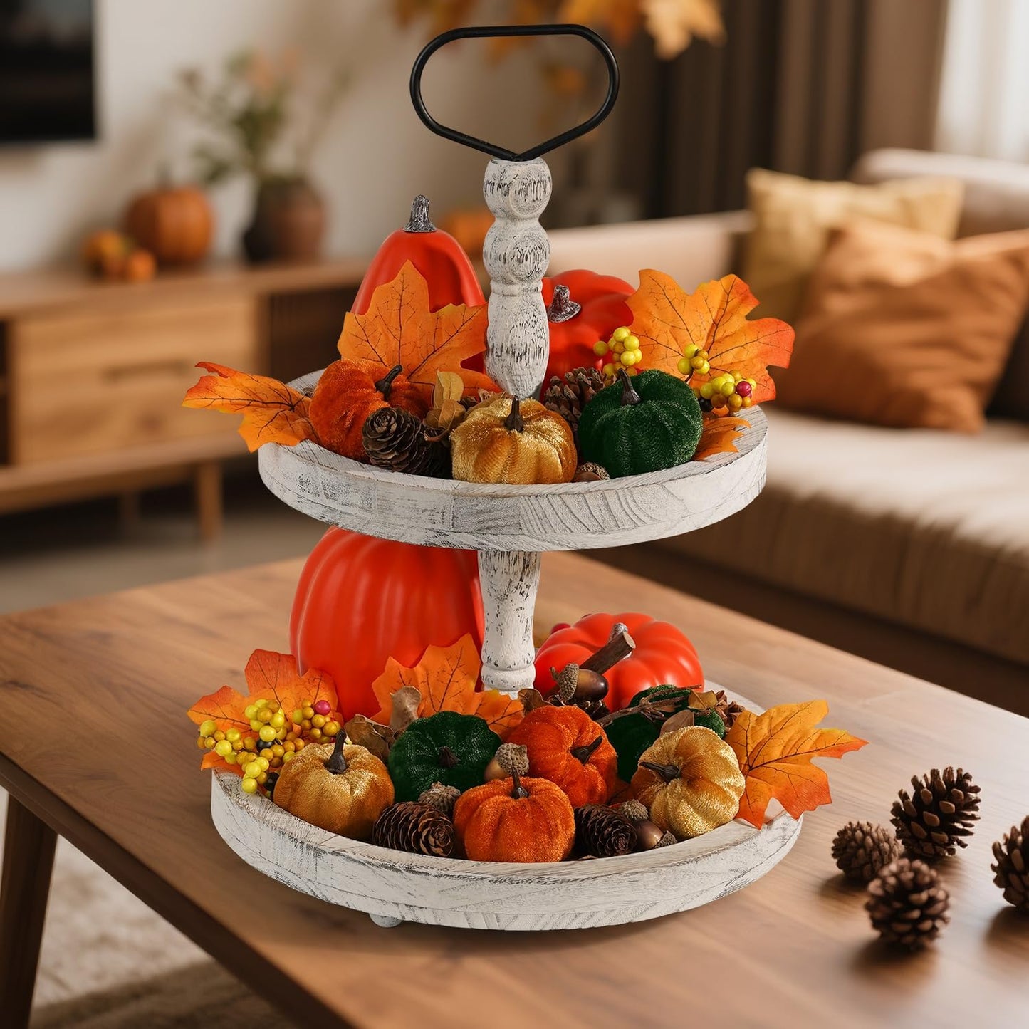 Artmag Fabric Pumpkins Set Decor, 25 PCS Fall Artificial Maple Leaves, Harvest Pumpkins, Acorns, Pine Cones and Orange Berry Stems Decorations for Fall Thanksgiving Table Home