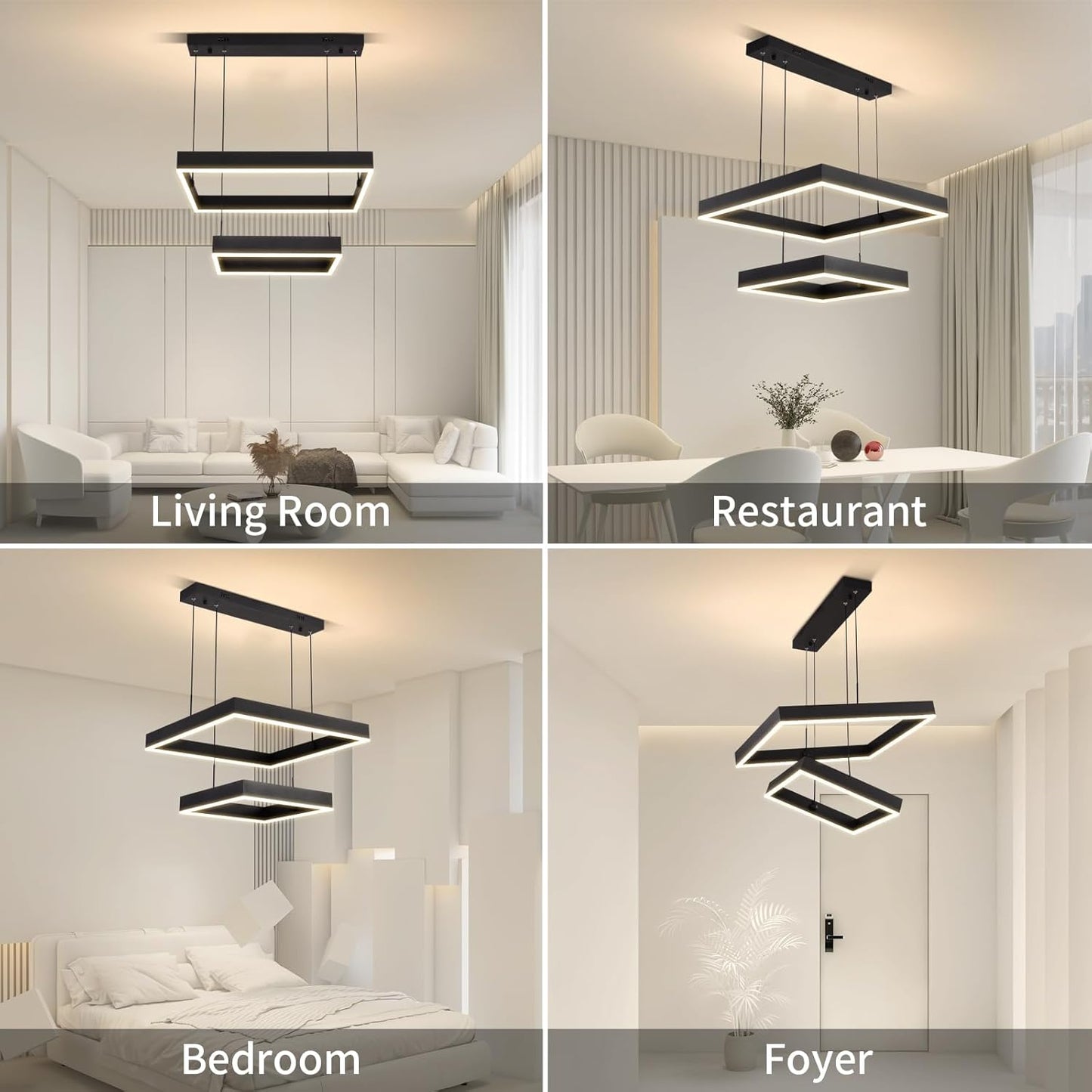 Modern Led Rectangle Chandelier for Dining Room, Dimmable Black Modern Chandelier with Remote, Adjustable Foyer Lighting Fixture