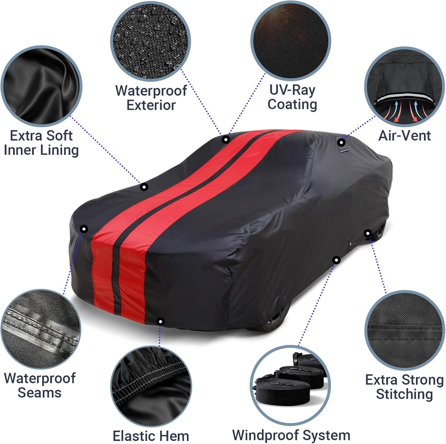 iCarCover Custom Car Cover for Pontiac Grand Am (1978-1980) Waterproof All-Weather Rain Snow UV Sun Protector Full Exterior Indoor Outdoor Car Cover (Stripe - Black/Red)