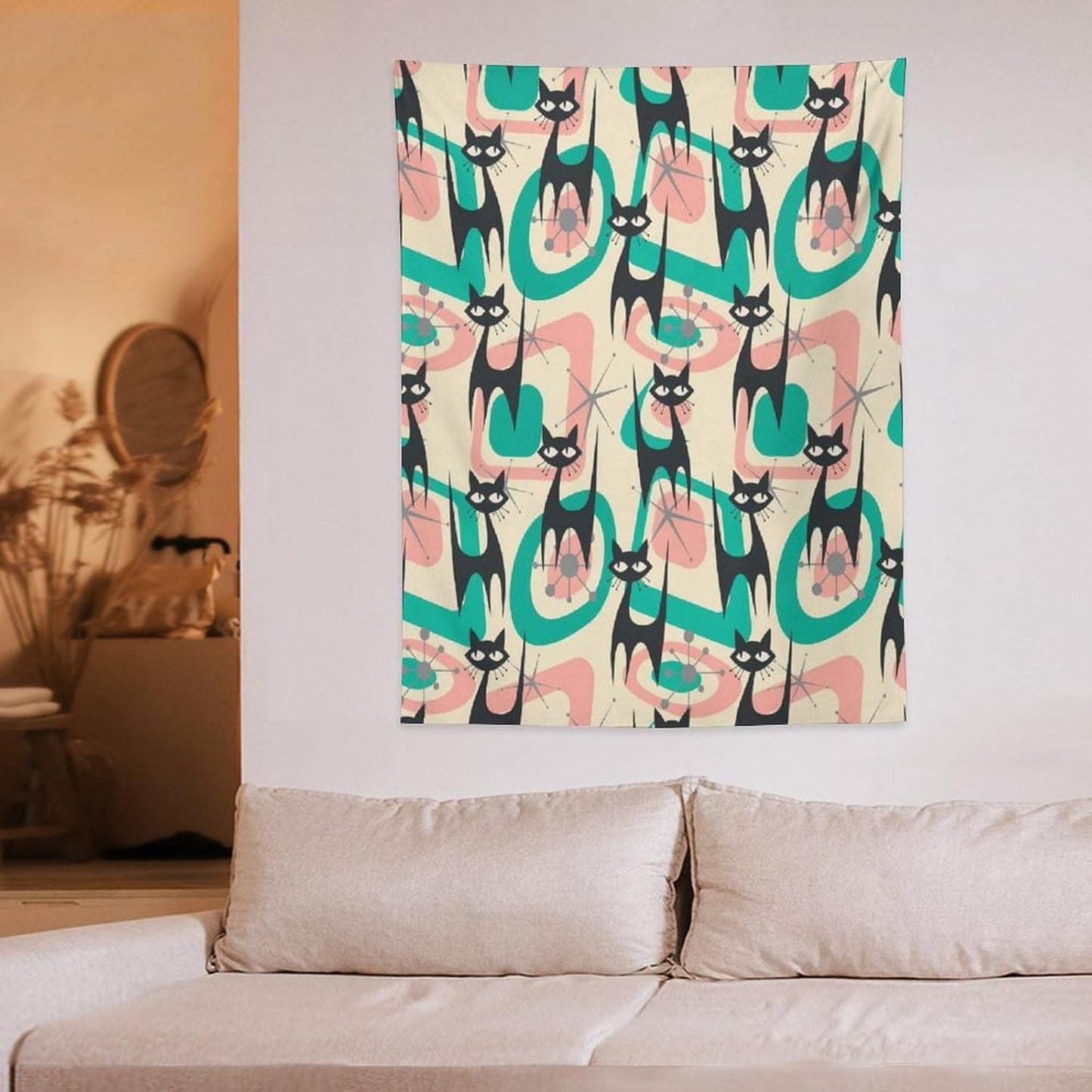 ICMOLYYENLO Boho Medieval Cat Tapestry, Abstract Atomic Starburst Geometric Aesthetic Art Wall Hanging For Bedroom Living Room Dormitory 40x60 Inches