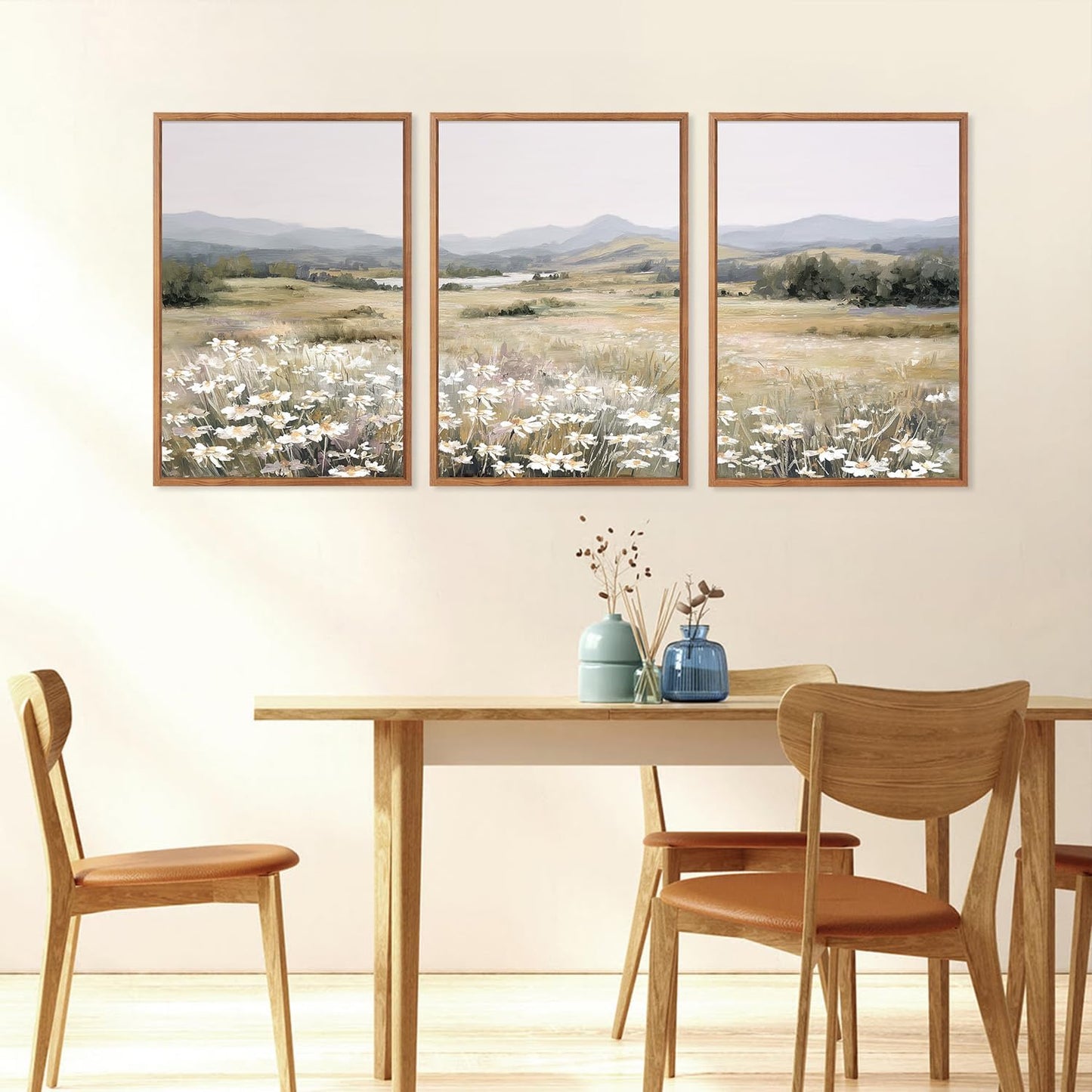 KAIRNE Landscape Canvas Wall Art,Boho Floral Prints Set of 3(16”X24”),Flower Garden Paintings,Wildflower Field Scene Wall Decor,Botanical Art for Living Room Bedroom Kitchen Farmhouse Decor,Framed