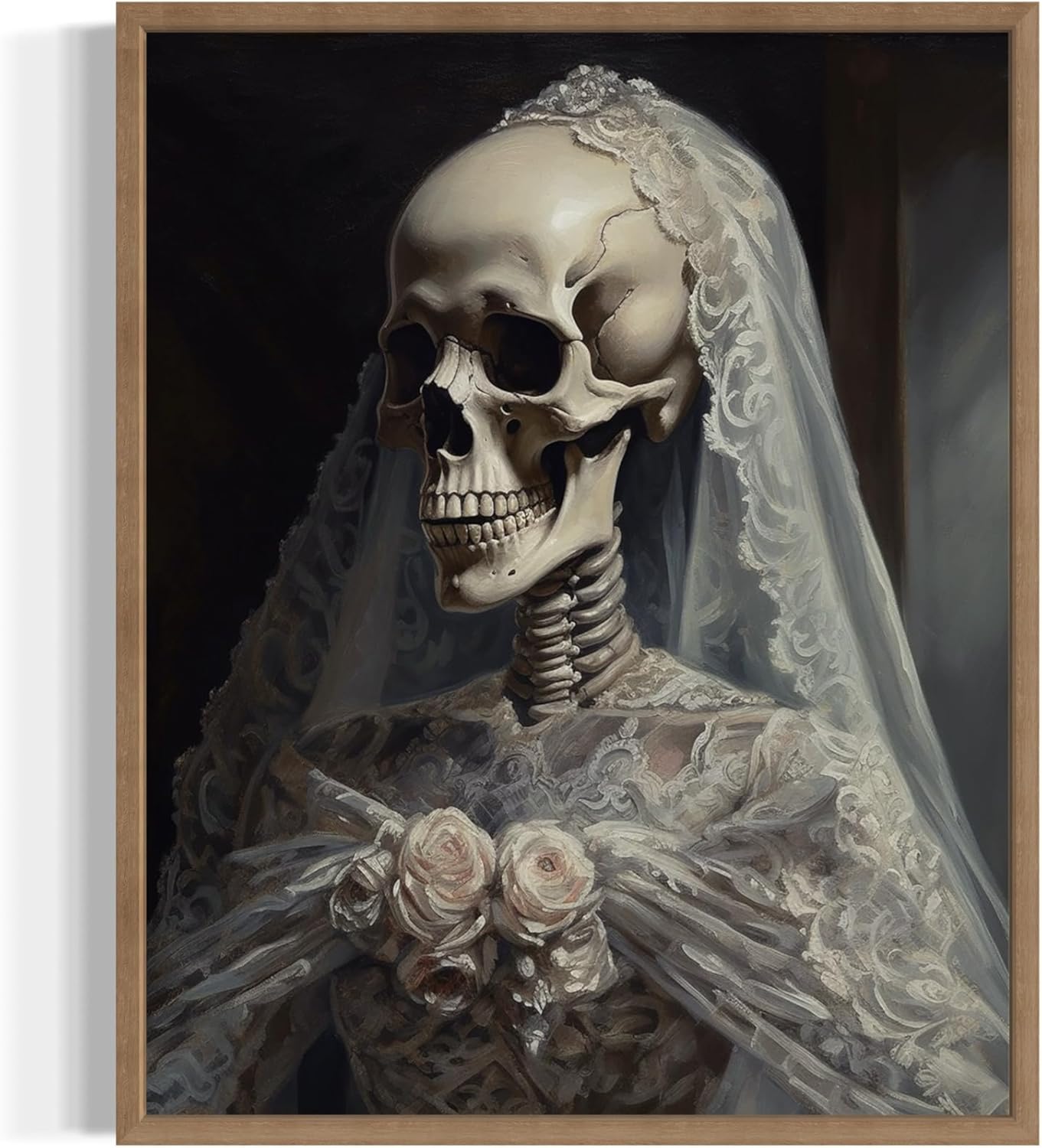 Skull Gown Poster Art Print, Halloween Scary Vintage Wall Art Academia Spooky Painting Decoration for Horror Prints, Gothic Posters Bedroom Decor 89 (Skull Gown, 11 x 14 inches, Wood Frame)