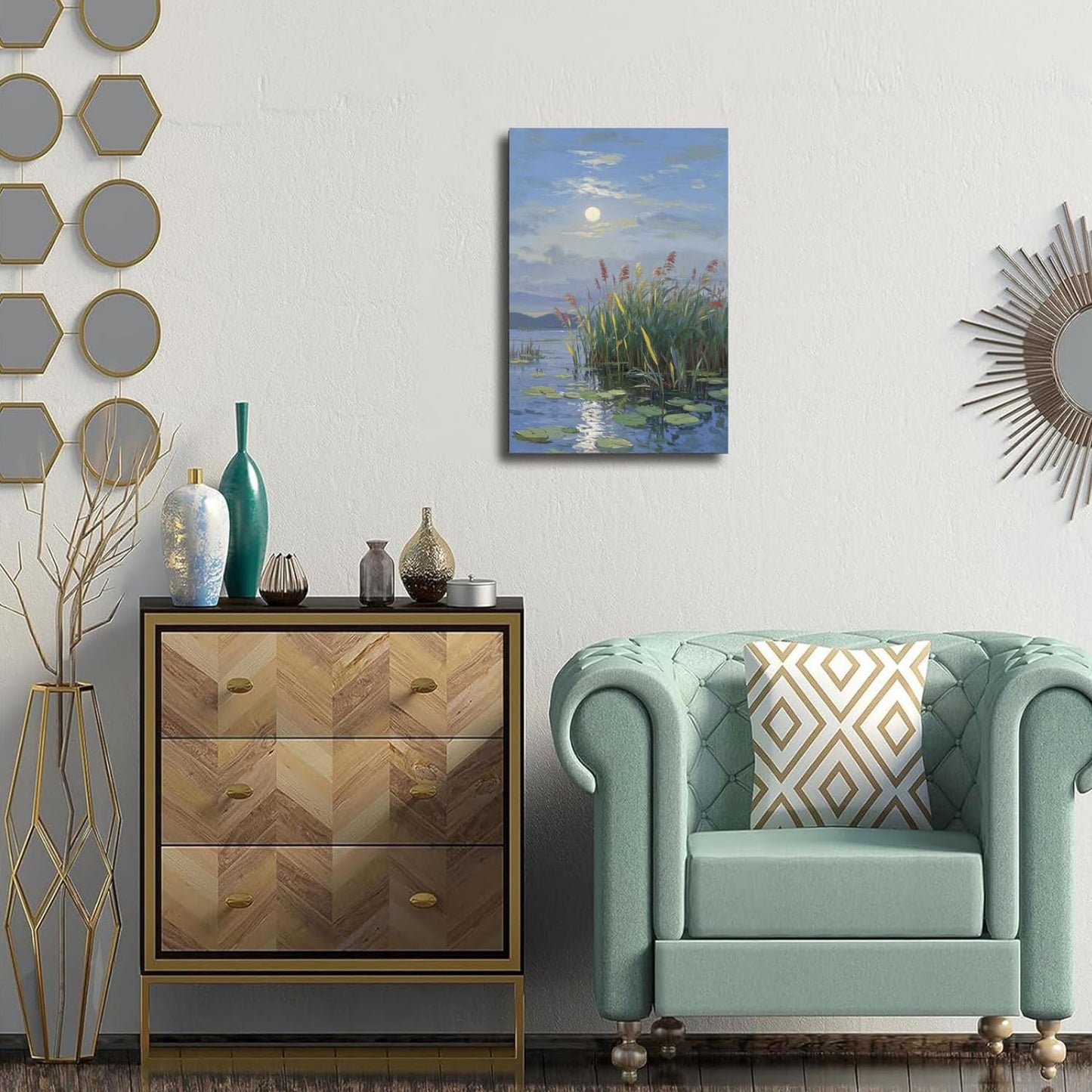 Landscape poster artwork art poster natural landscape painting reed marsh under the moonlight suitable for living room bedroom home wall